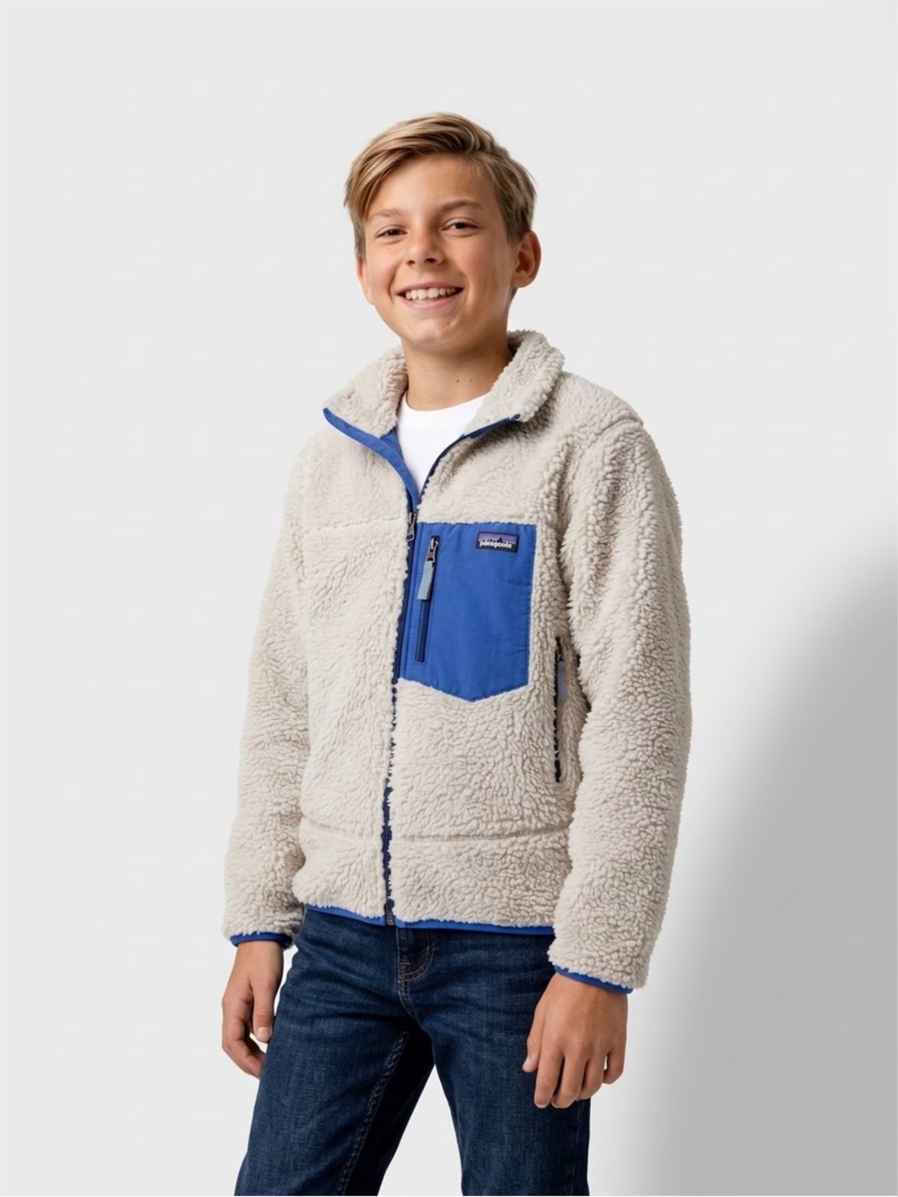 Patagonia Cream Sherpa Jacket with Blue Chest Pocket
